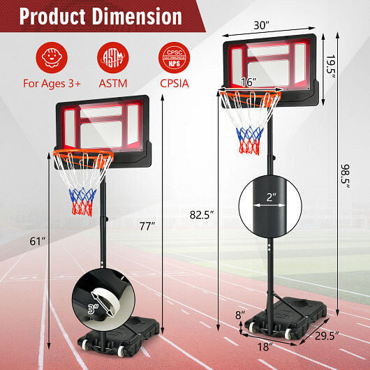 4.3-8.2 FT Portable Basketball Hoop with Adjustable Height and Wheels-Red